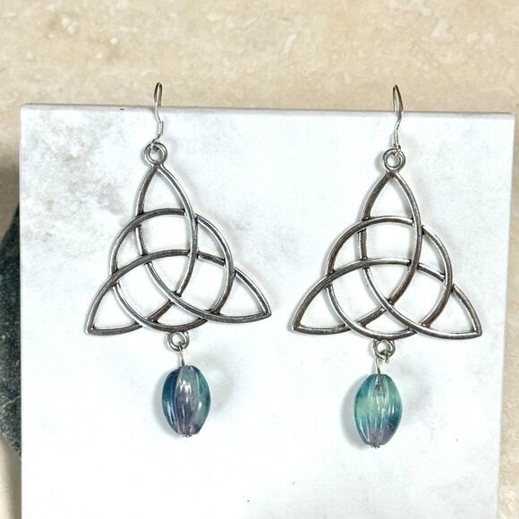 2/$20, Genuine Rainbow Fluorite Celtic Trinity Sterling Silver Dangle Earrings - Picture 2 of 10